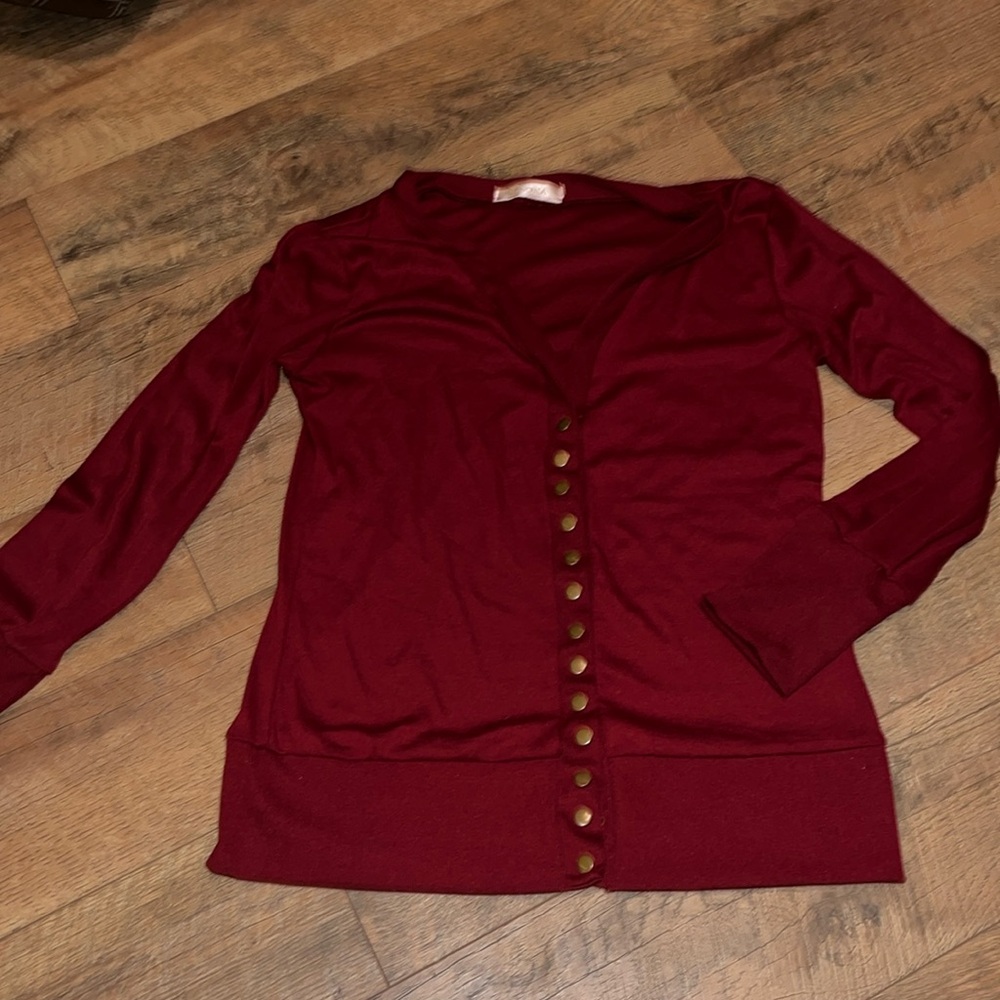 Maroon brass button cardigan with thick cuffs